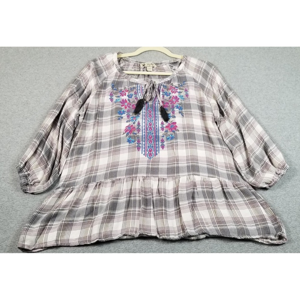Unity World Wear Peplum Blouse Women M Medium Plaid Floral Print Boho Tassel Top